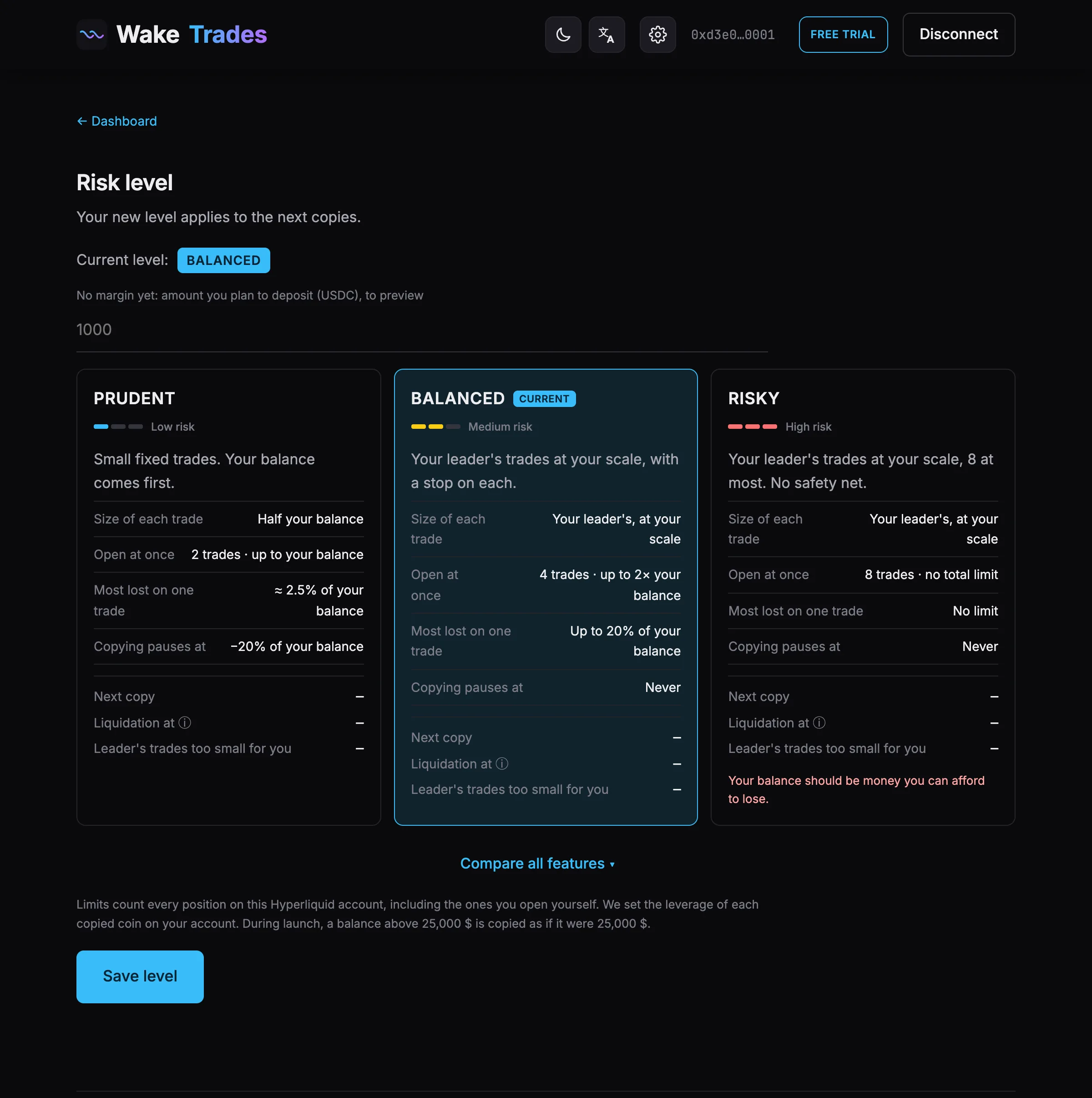 The Exposure level page, with your current level marked (demo data).