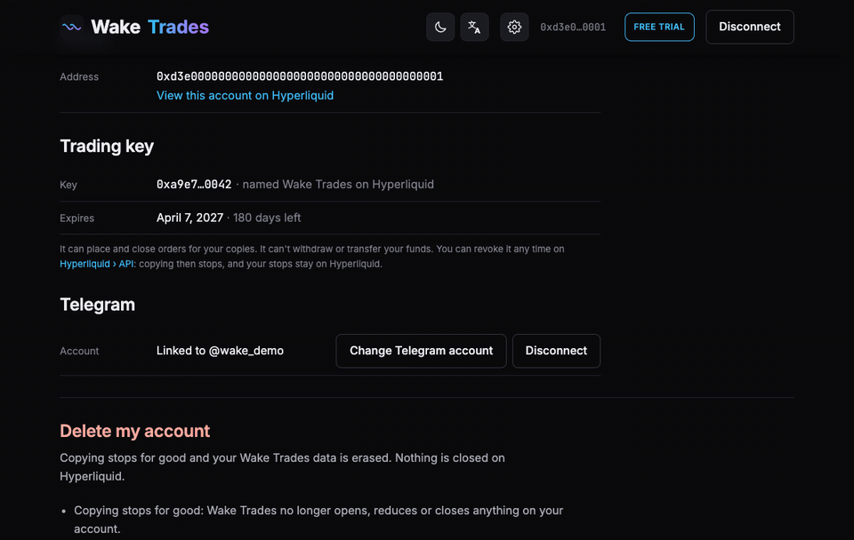 The whole setup in demo mode: connect, paste a leader, pick a level, sign, link Telegram.