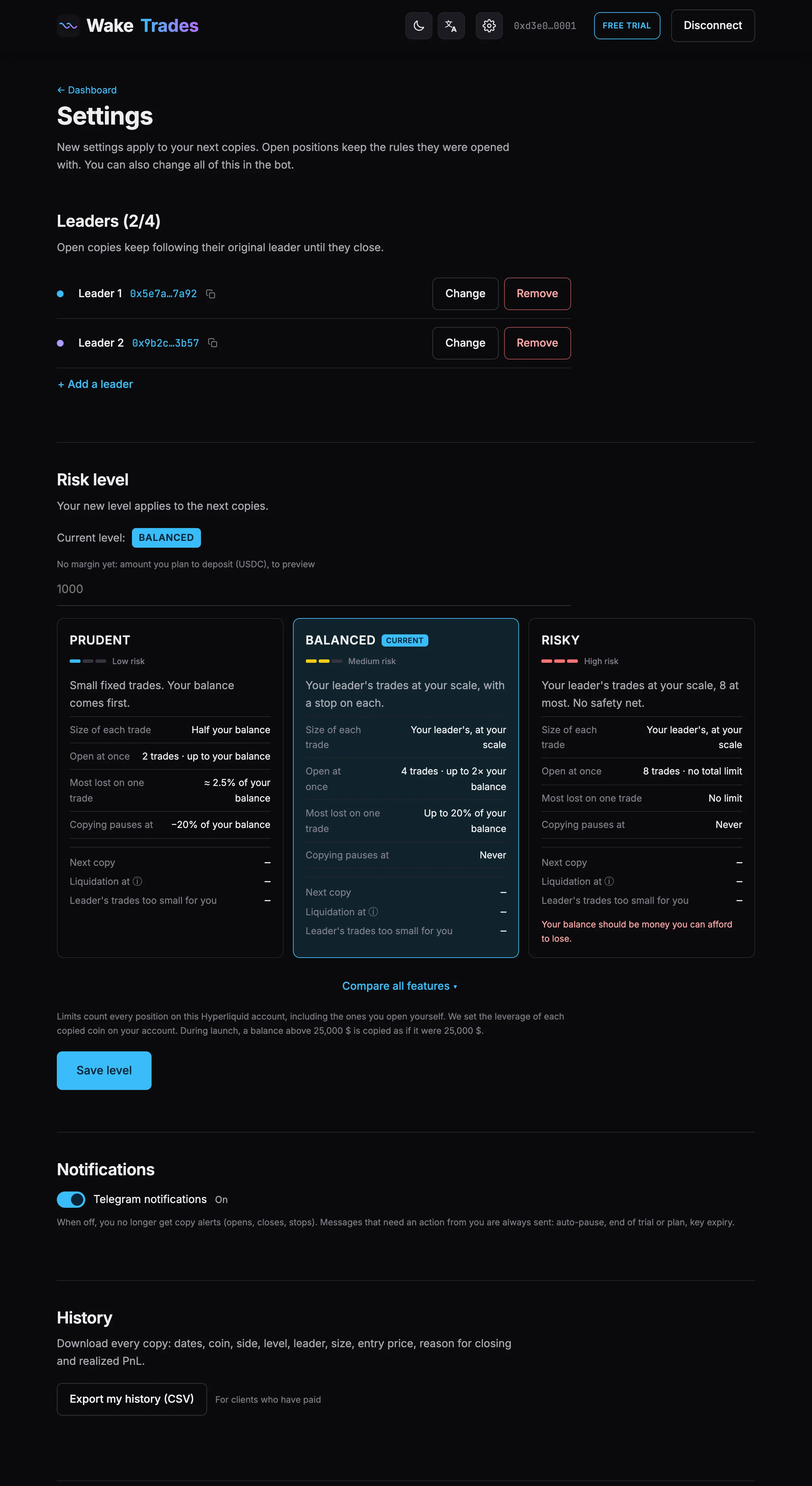 Settings: leaders, exposure level, notifications and history (demo data).