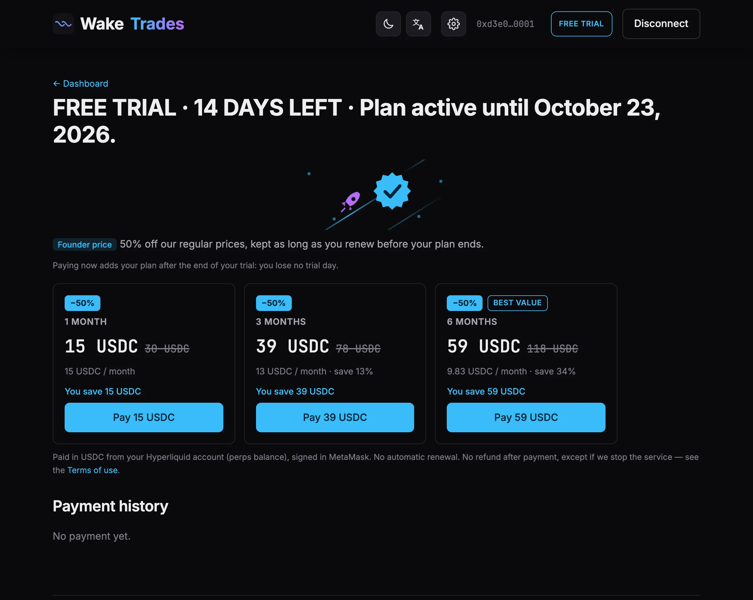 The Subscription page during the free trial (demo data).