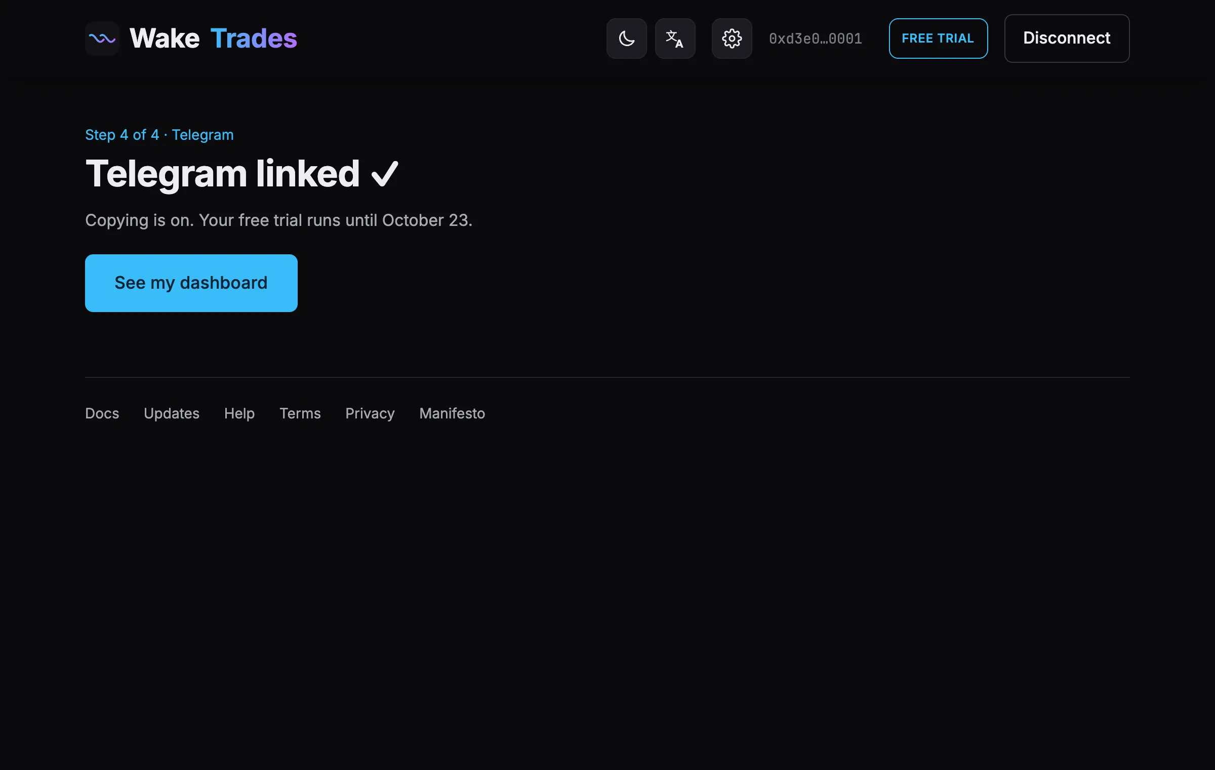 Telegram linked: copying is on (demo).